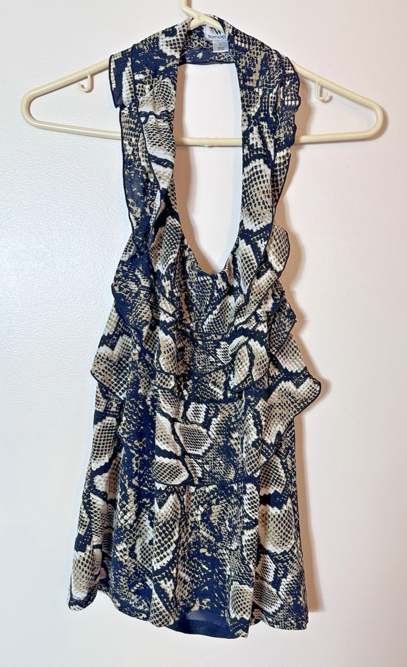Worthington Top Halter Size Large Tan Snakeskin Sleeveless Ruffle Tiered Blouse
